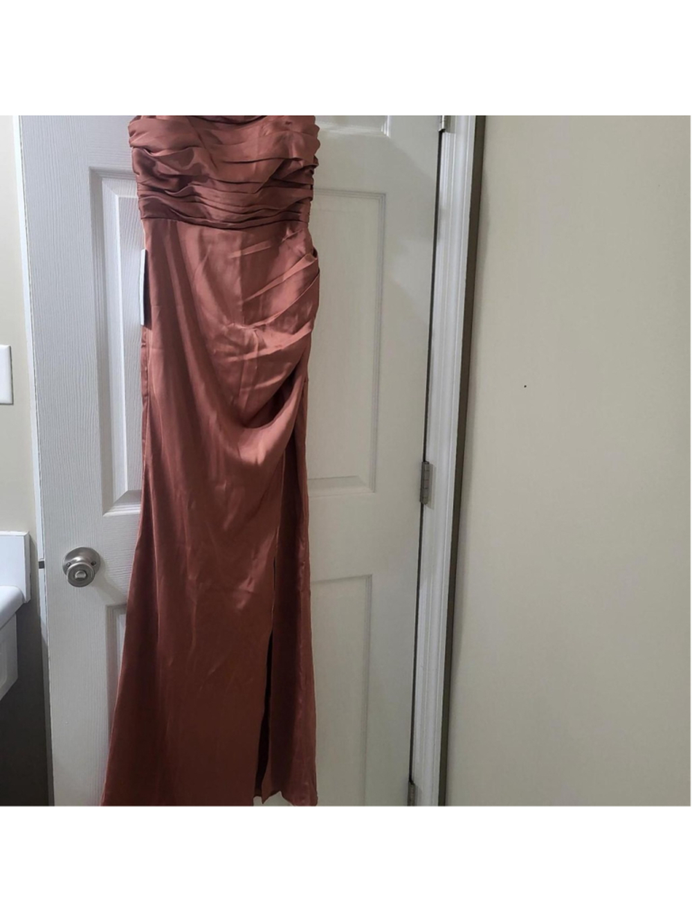 Azazie dusty rose bridesmaid dress with ruched bodice and long slit